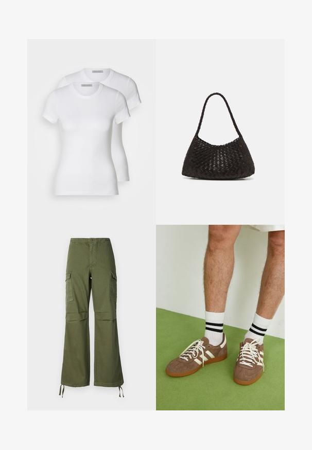 Dve bele bombažne majice s kratkimi rokavi, okroglimi izrezi in prilegajočo silhueto, ki prikazujejo gladko teksturo in minimalističen dizajn.; Olive zelene cargo hlače iz bombaža, ki imajo široko nogavico, dve stranski žepki in nastavljive vezi na robu.; Rjavi semiš športni čevlji z belimi detajli in vezalkami. Gumijast podplat. Nošeni z belimi nogavicami z črnimi črtami. Zelena teksturirana talna obloga.; DRAGON DIFFUSION ROSANNA - Torbica - dark brown