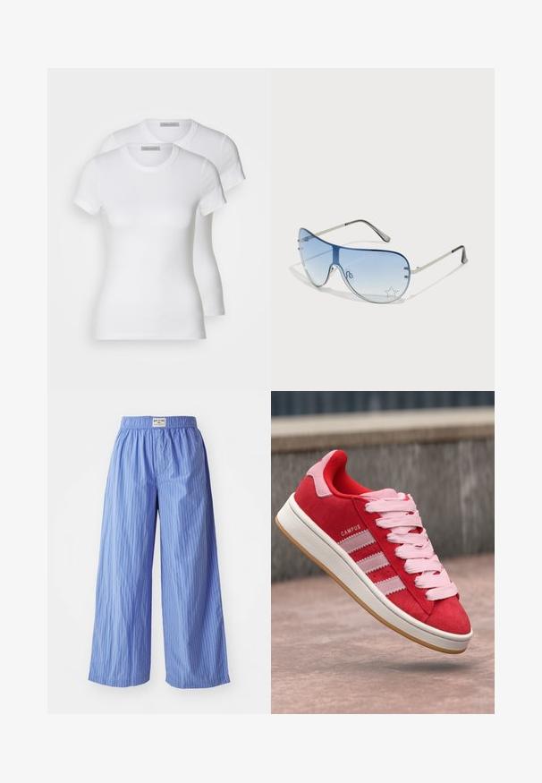 Duas t-shirts de algodão brancas com mangas curtas, decote redondo e uma silhueta ajustada, exibindo uma textura suave e design minimalista.; Calças de perna larga em azul claro com riscas brancas verticais. Apresentam um cós elástico e uma textura de tecido suave.; Sapatilha vermelha em camurça com detalhes em rosa, apresentando três riscas brancas e atacadores rosa claro. Meio solado branco e sola em borracha tipo goma.; Óculos de sol aviador com lentes azuis em degradê, armação metálica prateada e detalhes decorativos de estrelas nas lentes. Design suave e elegante.