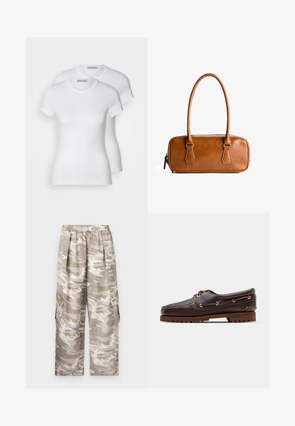 Două tricouri albe din bumbac, cu mâneci scurte, guler rotund și o siluetă ajustată, având o textură netedă și un design minimalist.; Pantaloni cargo camuflați în nuanțe de bej și alb murdar. Caracteristici: talie elastica, picioare late, două buzunare laterale pentru cargo și un material texturat.; Șlapi de punt pe culoare maro din piele, cu ochiuri aurii, șireturi rotunde și o talpă texturată din cauciuc maro. Prezintă detalii cusute și un logo ridicat.; Geantă de umăr din piele maro, cu două mânere lungi, formă rectangulară, textură netedă, închidere cu fermoar și accente din metal de culoare argintie.