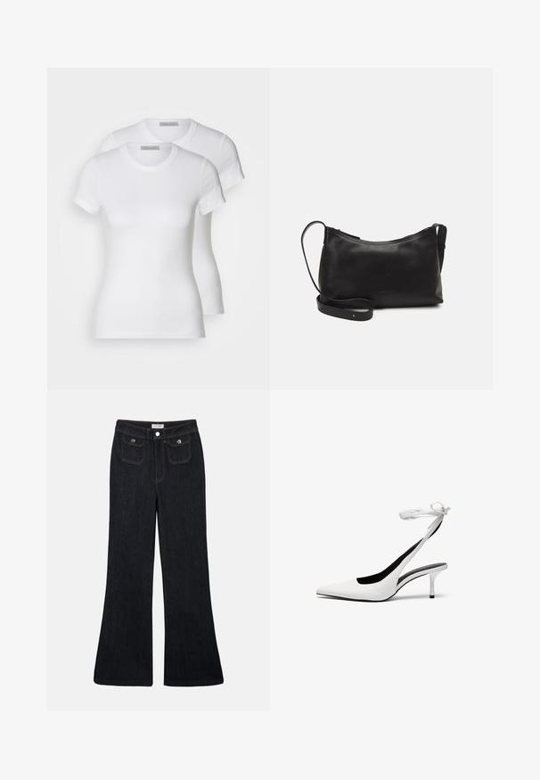 Two white cotton t-shirts with short sleeves, round necklines, and a fitted silhouette, displaying a smooth texture and minimalistic design.; Flared dark denim jeans with a high waist, two front pockets, and orange stitching. The material appears sturdy and smooth.; White pointed-toe slingback heels with a thin ankle strap. Smooth leather material, thin stiletto heel, and a black interior lining.; Black leather shoulder bag with a smooth texture, curved shape, adjustable strap, and a zip closure. Minimalist design without embellishments.