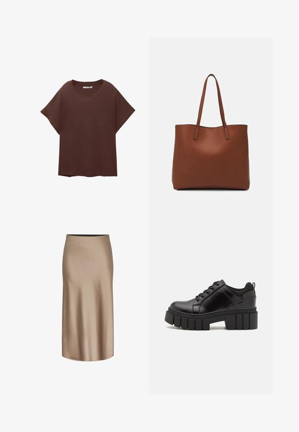 Tricou oversized maro din bumbac, cu guler rotund, mâneci scurte și croială lejeră. Textură netedă, fără modele vizibile.; Fustă midi din satin maro, cu o textură netedă, o siluetă dreaptă și o talie elastică pentru confort. Fără modele sau accente vizibile.; Pantofi cu talpă plată din piele neagră, cu toc gros, vârf rotund și design tradițional cu șireturi. Prezintă o textură netedă și detalii minime.; Geantă de umăr din piele maro cu o textură netedă, design cu vârf deschis și două curele pentru umăr. Prezintă cusături minime și fără componente metalice vizibile.