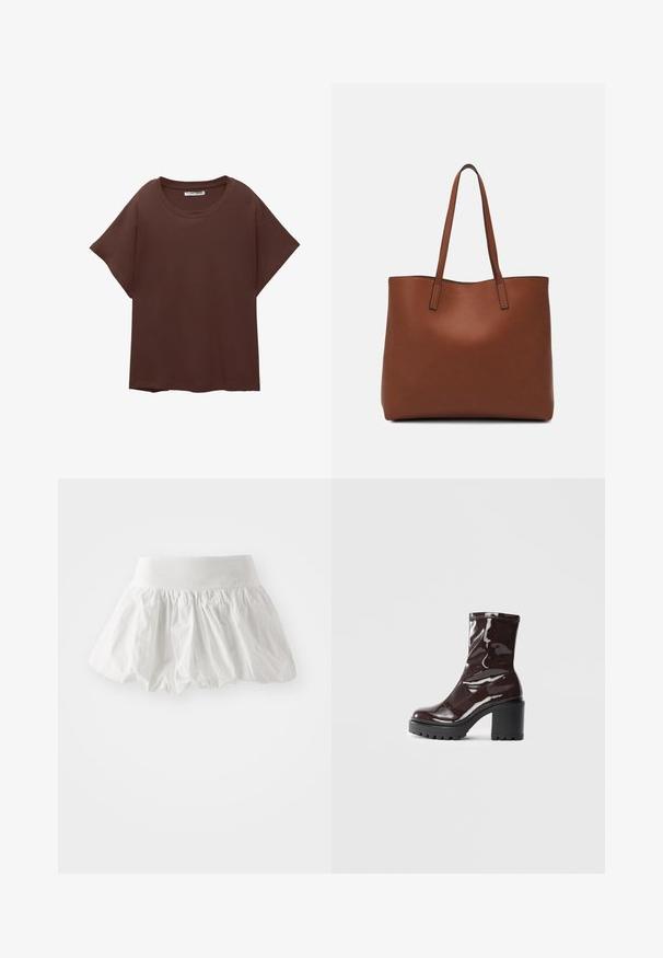 Hnedé oversized tričko vyrobené z bavlny, s okrúhlym výstrihom, krátkymi rukávmi a voľným strihom. Hladká textúra bez viditeľných vzorov.; Biela mini sukňa vyrobená z ľahkého materiálu. Má zhrnutý, rozšírený dizajn s širokým pásom. Hladká textúra, žiadne viditeľné vzory.; Lesklé burgundské kotníkové boty s robustním černým podpatkem, s hladkou strukturou a jednoduchým designem. Bez viditelných zapínání nebo vzorů.; Hnedá kožená taška na rameno s hladkou textúrou, otvoreným vrchom a dvoma ramenými popruhmi. Má minimálne šitia a žiadne viditeľné kovania.