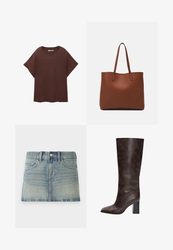 Hnědý oversized tričko vyrobené z bavlny, s kulatým výstřihem, krátkým rukávem a uvolněným střihem. Hladký povrch bez viditelných vzorů.; Džínová minisukně ve světle modré barvě. Má pas s poutky na pásek, přední kapsy a zapínání na knoflík. Hladká textura s minimálním vyblednutím.; Hnědé kožené sálové boty po kolena s špičatou špičkou, texturovaným povrchem a robustním černým podpatkem. Hladký povrch, minimální zdobení.; Hnědá kožená taška přes rameno s hladkou texturou, otevřeným designem a dvěma ramenními popruhy. Obsahuje minimální švy a žádné viditelné kovové prvky.
