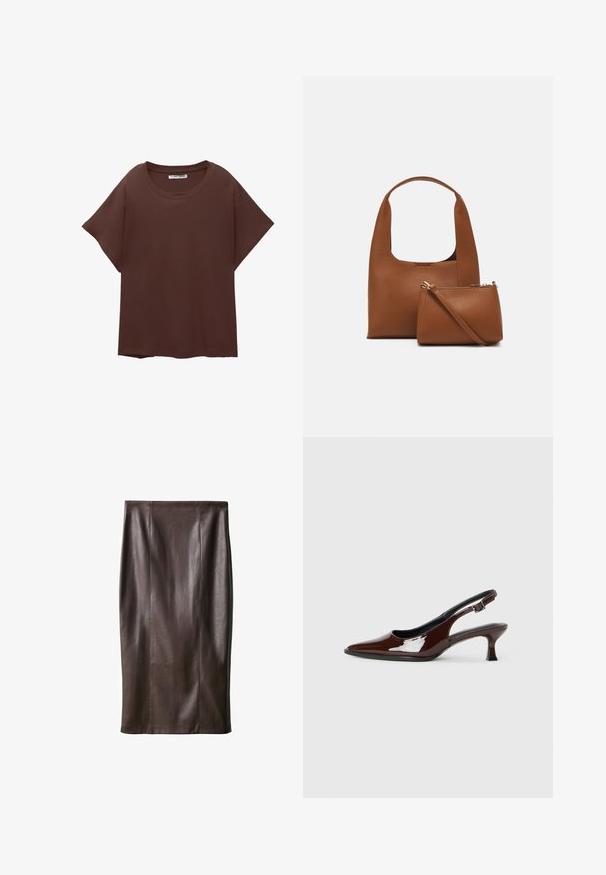 Brązowa, oversize'owa koszulka z bawełny, z okrągłym dekoltem, krótkimi rękawami i luźnym krojem. Gładka tekstura bez widocznych wzorów.; Brąskowy skórzany ołówkowy spódniczka o gładkiej fakturze, sięgająca do kolan, z pionowymi szwami w celu podkreślenia designu. Brak dodatkowych elementów lub akcentów.; Brązowe lakierowane skórzane buty na obcasie typu slingback z ostrym noskiem i umiarkowanym obcasem. Posiadają pasek z klamrą dla zapewnienia stabilnego dopasowania. Gładka tekstura.; Brązowa syntetyczna torebka z zakrzywionym uchwytem i gładką fakturą. Zawiera pasującą małą saszetkę z zamkiem błyskawicznym. Minimalistyczny design.