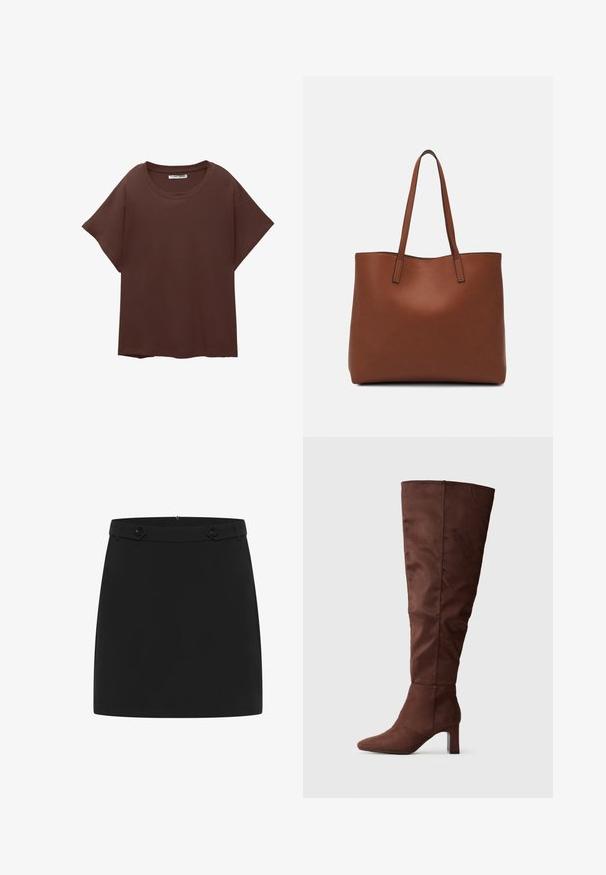 Brun oversized t-shirt i bomull, med rund hals, korta ärmar och avslappnad passform. Slät textur utan synliga mönster.; Svart minikjol i mjukt tyg med en enkel design, platt midjeband och två dekorativa knappaccenter på framsidan.; Brun knähög stövel i mjukt mockaliknande material. Har en spetsig tå och en staplad klack för stabilitet. Slät, matt finish.; Brun läder tote-väska med en slät textur, öppen toppdesign och två axelremmar. Har minimal söm och ingen synlig metalldetalj.