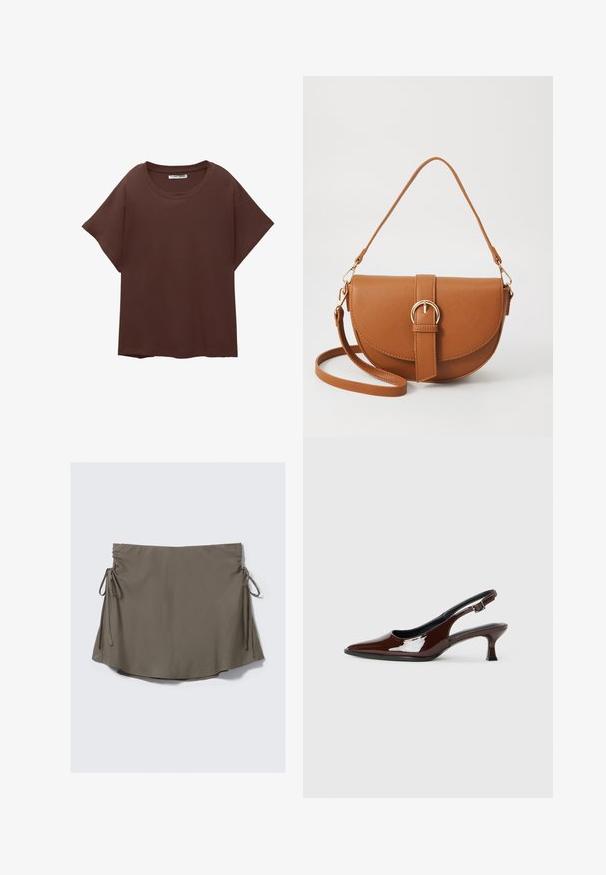 Maglietta oversized marrone in cotone, con colletto rotondo, maniche corte e vestibilità comoda. Texture liscia senza motivi visibili.; Gonna corta marrone con lacci laterali regolabili e dettagli arr gathered su entrambi i lati, esposta su uno sfondo bianco uniforme.; Scarpa slingback in pelle verniciata marrone con punta affusolata e tacco moderato. Presenta una fascia con fibbia per una calzata sicura. Tessuto liscio.; Borsa a tracolla in pelle marrone con forma curvata, hardware dorato e un dettaglio con fibbia. Presenta una tracolla rimovibile.