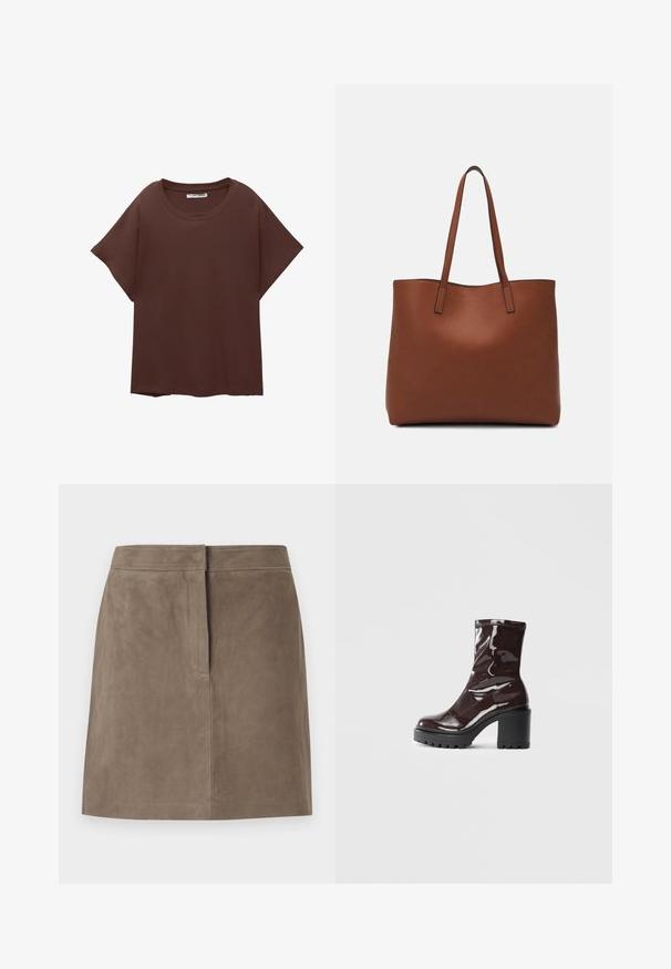 Bruine oversized t-shirt van katoen, met een ronde hals, korte mouwen en een ontspannen pasvorm. Gladde textuur zonder zichtbare patronen.; Taupe knielange suède rok met een rechte pasvorm en een verborgen naad aan de voorkant, tegen een effen achtergrond.; Glanzende bordeauxrode enkelboot met een chunky zwarte hak, met een gladde textuur en een eenvoudig ontwerp. Geen zichtbare sluitingen of patronen.; Bruine leren tote bag met een gladde textuur, een ontwerp met een open bovenkant en twee schouderbanden. Kenmerkt zich door minimale stiksels en geen zichtbare hardware.