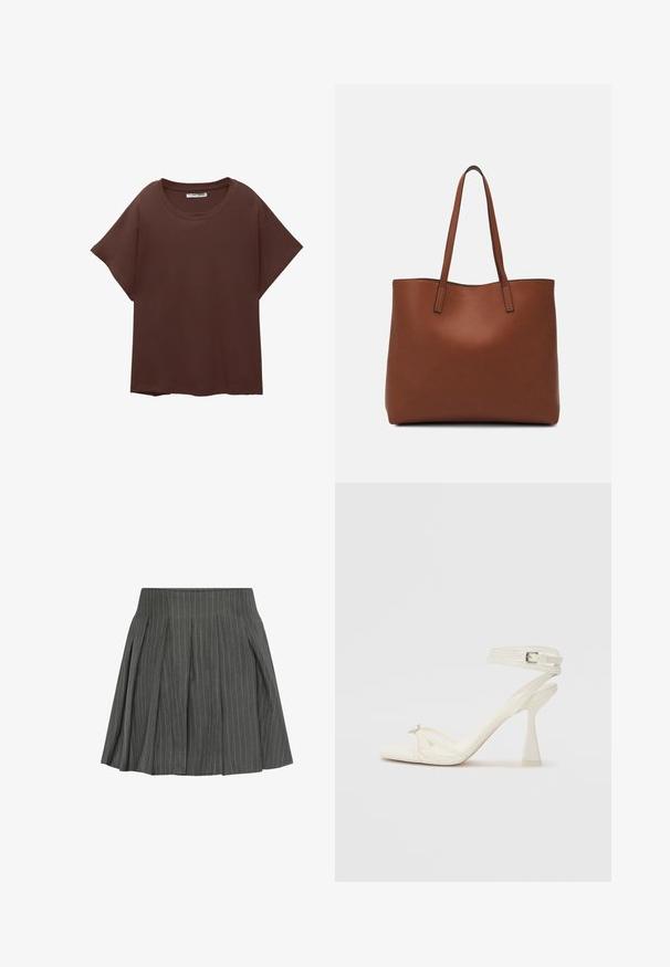 T-shirt oversize marron en coton, avec un col rond, des manches courtes et une coupe décontractée. Texture lisse sans motifs visibles.; Moves LUCILLE - Jupe plissée - castlerock; Sandale à talons hauts à brides en cuir blanc avec un design épuré, un talon bloc transparent et un élément décoratif au niveau des orteils.; Sac fourre-tout en cuir marron avec une texture lisse, design à ouverture supérieure et deux poignées pour le porter à l'épaule. Présente des coutures minimales et aucun matériel visible.