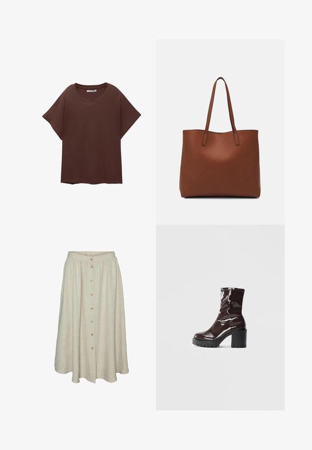 Rjava oversize majica iz bombaža, z okroglim ovratnikom, kratkimi rokavi in sproščenim krojem. Gladka tekstura brez vidnih vzorcev.; Knee-length bež krilo iz teksturiranega materiala z gumbom spredaj, elastičnim pasom in puhastim dizajnom.; Sijajan škrlatank z bleščečim videzom, z masivnim črnim peto, ki se ponaša z gladko teksturo in preprostim dizajnom. Brez vidnih zapenjal ali vzorcev.; Rjava usnjena torba z gladko teksturo, odprto zasnovo zgoraj in dvema naramnima trakovoma. Opremljena je z minimalnim šivanjem in brez vidnih kovinskih delov.