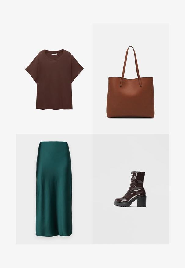 Hnedé oversized tričko vyrobené z bavlny, s okrúhlym výstrihom, krátkymi rukávmi a voľným strihom. Hladká textúra bez viditeľných vzorov.; Gina Tricot ELASTIC MIDI SKIRT - Maxisukňa - ponderosa pine; Lesklé burgundské kotníkové boty s robustním černým podpatkem, s hladkou strukturou a jednoduchým designem. Bez viditelných zapínání nebo vzorů.; Hnedá kožená taška na rameno s hladkou textúrou, otvoreným vrchom a dvoma ramenými popruhmi. Má minimálne šitia a žiadne viditeľné kovania.