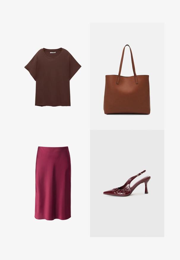 Braunes Oversize-T-Shirt aus Baumwolle, mit Rundhalsausschnitt, kurzen Ärmeln und einer lockeren Passform. Glatte Textur ohne sichtbare Muster.; Burgunderfarbener Satinrock mit glatter Textur, geradem Schnitt, mittellang und mit subtiler glänzender Oberfläche. Keine sichtbaren Muster oder Hardware-Details.; Burgunderfarbene Lackleder Slingback-Pumps mit spitzem Schuh und Rüschendetails, ausgestattet mit einem schlanken Absatz und einem verstellbaren Knöchelriemen.; Braune Leder-Tote mit glatter Textur, offenem Oberteil und zwei Schulterriemen. Verfügt über minimale Nähte und keine sichtbaren Beschläge.