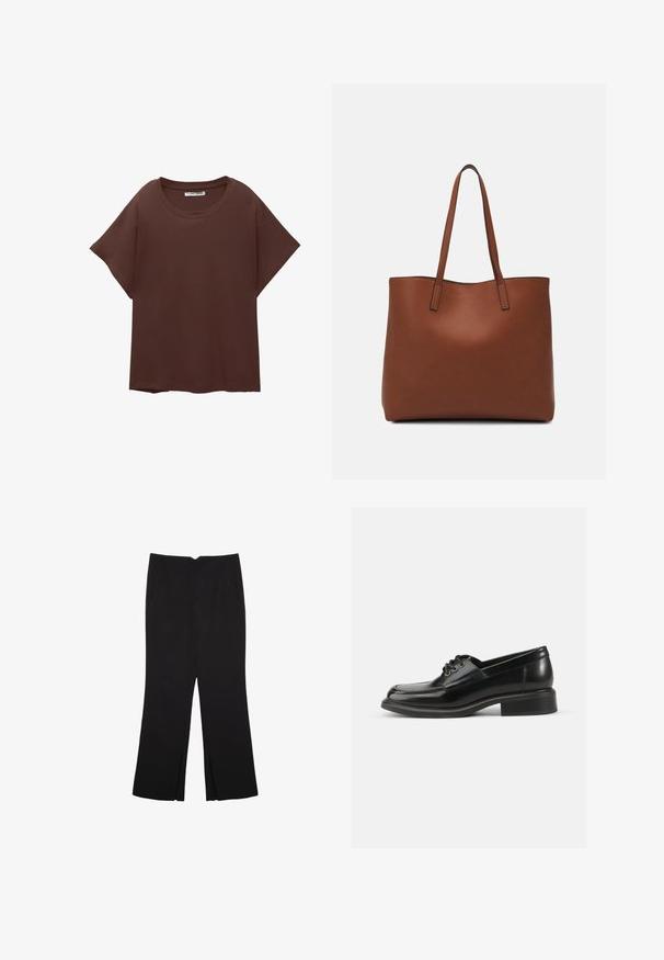 Hnedé oversized tričko vyrobené z bavlny, s okrúhlym výstrihom, krátkymi rukávmi a voľným strihom. Hladká textúra bez viditeľných vzorov.; Čierne nohavice so strihom rovného strihu, s prednými vreckami a bočnými rozparkami na leme. Vyrobené z mäkkej, hladkej tkaniny. Vhodné na rôzne príležitosti.; Čierne kožené formálne topánky s hladkým povrchom, okrúhlou špičkou, dvoma očkami na šnurovanie a pevným blokovým podpätkom. Jednoduchý dizajn bez vzorov.; Hnedá kožená taška na rameno s hladkou textúrou, otvoreným vrchom a dvoma ramenými popruhmi. Má minimálne šitia a žiadne viditeľné kovania.
