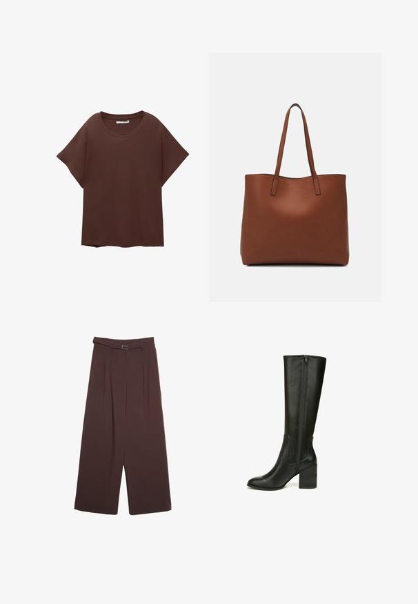 Bruine oversized t-shirt van katoen, met een ronde hals, korte mouwen en een ontspannen pasvorm. Gladde textuur zonder zichtbare patronen.; Stradivarius WIDE-LEG WITH BUCKLE DETAIL - Broek - dark brown; Zwarte leren kniehoge laarzen met een spitse teen, gestructureerde blokhak en ritsdetails aan de zijkant. Glad afwerking en aansluitend ontwerp.; Bruine leren tote bag met een gladde textuur, een ontwerp met een open bovenkant en twee schouderbanden. Kenmerkt zich door minimale stiksels en geen zichtbare hardware.