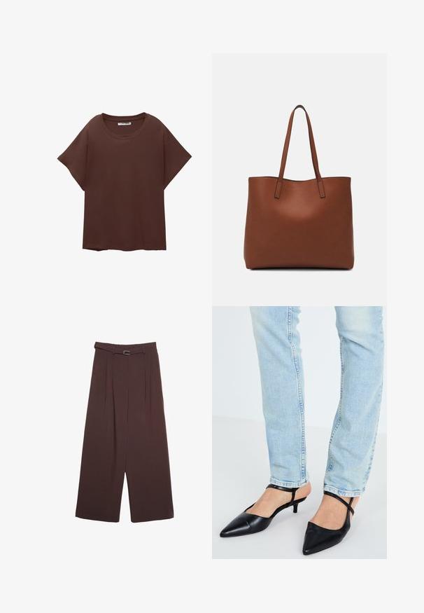 Rjava oversize majica iz bombaža, z okroglim ovratnikom, kratkimi rokavi in sproščenim krojem. Gladka tekstura brez vidnih vzorcev.; Stradivarius WIDE-LEG WITH BUCKLE DETAIL - Hlače - dark brown; Črne usnjene sandale s koničastim prstom, nizkim kitten petami in trakom okoli gležnja, v kombinaciji z svetlo modrimi džins hlačami.; Rjava usnjena torba z gladko teksturo, odprto zasnovo zgoraj in dvema naramnima trakovoma. Opremljena je z minimalnim šivanjem in brez vidnih kovinskih delov.