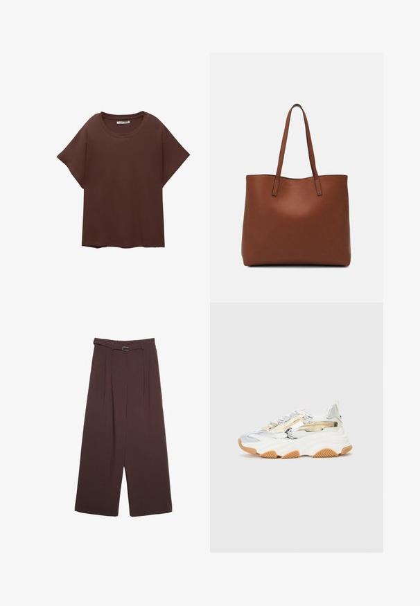 Hnědý oversized tričko vyrobené z bavlny, s kulatým výstřihem, krátkým rukávem a uvolněným střihem. Hladký povrch bez viditelných vzorů.; Stradivarius WIDE-LEG WITH BUCKLE DETAIL  - Kalhoty - dark brown; Objemné tenisky v stříbrné a bílé síťovině, s texturovanou gumovou podrážkou, dekorativními zipy a gumovou podešví.; Hnědá kožená taška přes rameno s hladkou texturou, otevřeným designem a dvěma ramenními popruhy. Obsahuje minimální švy a žádné viditelné kovové prvky.