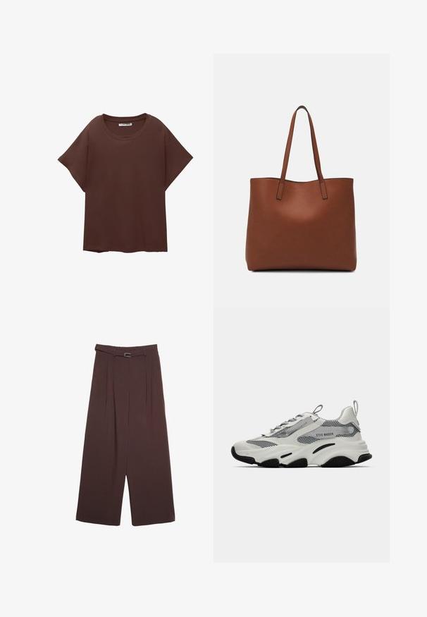 T-shirt oversize marron en coton, avec un col rond, des manches courtes et une coupe décontractée. Texture lisse sans motifs visibles.; Stradivarius WIDE-LEG WITH BUCKLE DETAIL  - Pantalon classique - dark brown; Baskets de sport blanches avec des panneaux en maille, des accents gris et des semelles en caoutchouc noir. Comprend des lacets, une languette de traction et un marquage de la marque.; Sac fourre-tout en cuir marron avec une texture lisse, design à ouverture supérieure et deux poignées pour le porter à l'épaule. Présente des coutures minimales et aucun matériel visible.