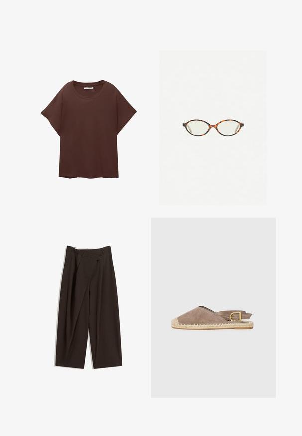 Brun oversized t-shirt lavet af bomuld, med rund hals, korte ærmer og en afslappet pasform. Glat tekstur uden synlige mønstre.; Mørkebrune brede bukser med høj talje, udstyret med en enkelt knaplukning og en plisseret front. Lavet af letvægtsstof.; Sæde espadrille sandal i taupe, med åben bagdesign, jute sål, flad hæl, med justerbar spændeaccent, der har en kontrasterende beige tåkap.; Skildpaddebriller med ovale linser og en elegant, glat finish. Har tynde sider med en subtil kurve ved tindingerne. Klare linser.