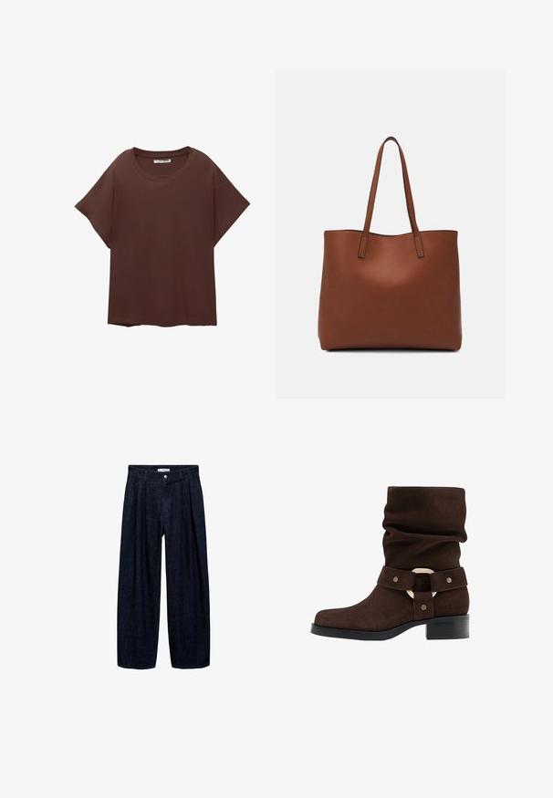 Smeđa oversized majica od pamuka, s okruglim izrezom, kratkim rukavima i opuštenim krojem. Glatka tekstura bez vidljivih uzoraka.; Tamno plave široke hlače s plisama na struku, s prednji gumbom i petljama za remen. Glatka tekstura i dizajn punih dužina.; Smeđi antilop čizmaki do gležnja s ležernim dizajnom, širokim remenom s okruglim zlatnim naglaskom, četvrtastim vrhom i niskim crnim blok potplatom.; Smeđa kožna torba preko ramena s glatkom teksturom, otvorenim vrhom i dvjema naramenicama. Ima minimalne šavove i nema vidljivog hardvera.