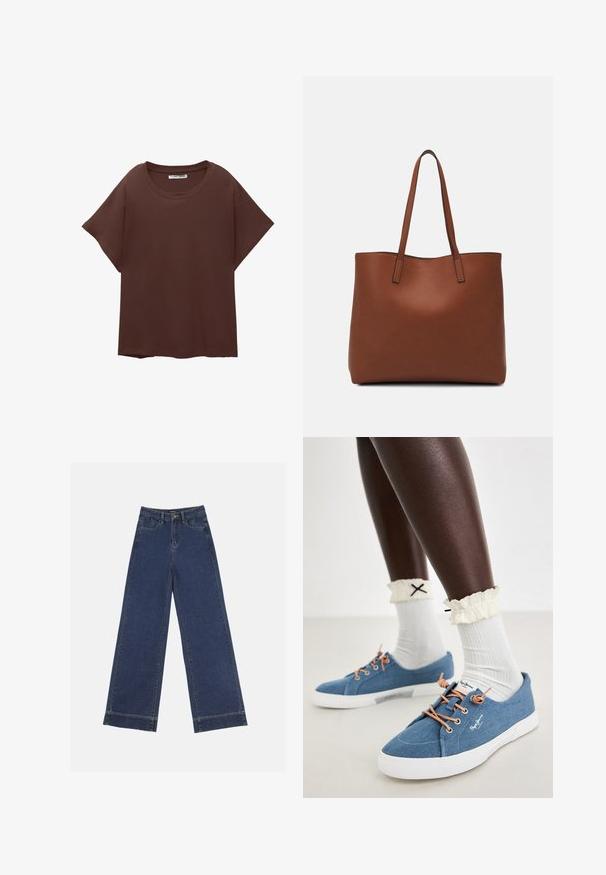 Barna, bő szabású pamut póló, kerek nyakkal, rövid ujjakkal és laza fit-tel. Simogatós, mintázat nélküli textúra.; Sötétkék denim széles lábú farmernadrág. Öt zsebbel, övhurkokkal és nyers szegéllyel az alján, amelyen látható varrási részletek találhatók.; Kék vászon tornacipő fehér gumitalppal, barna fűzőkkel és logóval. Térd fölé érő, fehér, bordás zoknival és bolyhos krémszínű mandzsettával viselve.; Barna bőr vászontáska sima textúrával, nyitott tetejű dizájnnal és két vállpánttal. Minimális varrással és látható hardver nélkül készült.