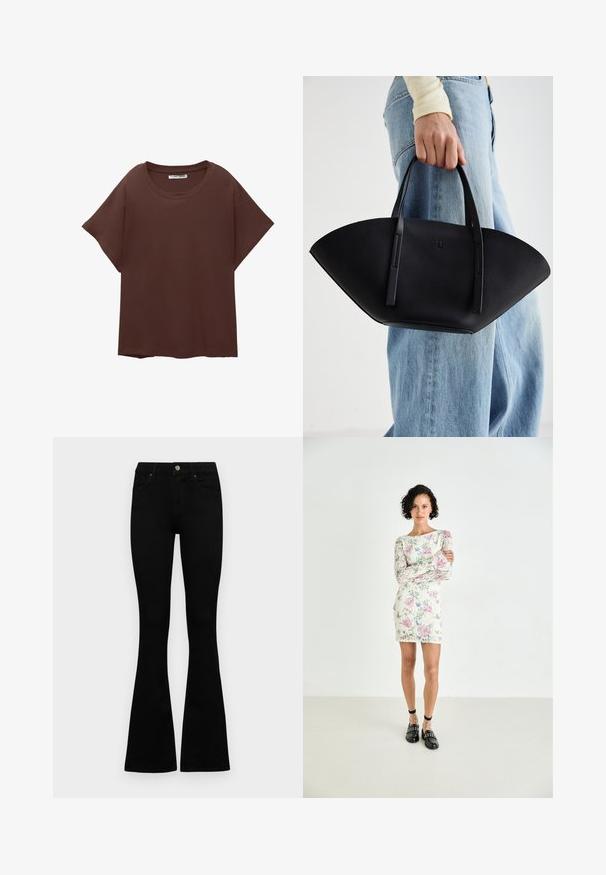 Braunes Oversize-T-Shirt aus Baumwolle, mit Rundhalsausschnitt, kurzen Ärmeln und einer lockeren Passform. Glatte Textur ohne sichtbare Muster.; Schwarze hochtaillierte Jeans mit einem Knopf- und Reißverschluss, Fronttaschen und ausgestellten Beinen, flach auf einem weißen Hintergrund ausgelegt.; Blumige Spitzen-Mini-Kleid mit langen Ärmeln, das pinke und blaue Muster auf einem cremefarbenen Hintergrund zeigt. Schwarze Slipper mit Nieten und Knöchelriemen.; Schwarze Lederhandtasche mit einzigartiger Fächerform, ausgestattet mit flachen Griffen. Die Oberfläche hat eine genoppte Textur und ein minimalistisches Design.