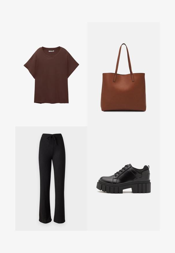 Braunes Oversize-T-Shirt aus Baumwolle, mit Rundhalsausschnitt, kurzen Ärmeln und einer lockeren Passform. Glatte Textur ohne sichtbare Muster.; Pieces PCIRIS WIDE  - Stoffhose - black; Schwarze Lederplateauschuhe mit klobigem Blockabsatz, runder Zehenpartie und traditionellem Schnürdesign. Verfügt über eine glatte Textur und minimale Details.; Braune Leder-Tote mit glatter Textur, offenem Oberteil und zwei Schulterriemen. Verfügt über minimale Nähte und keine sichtbaren Beschläge.