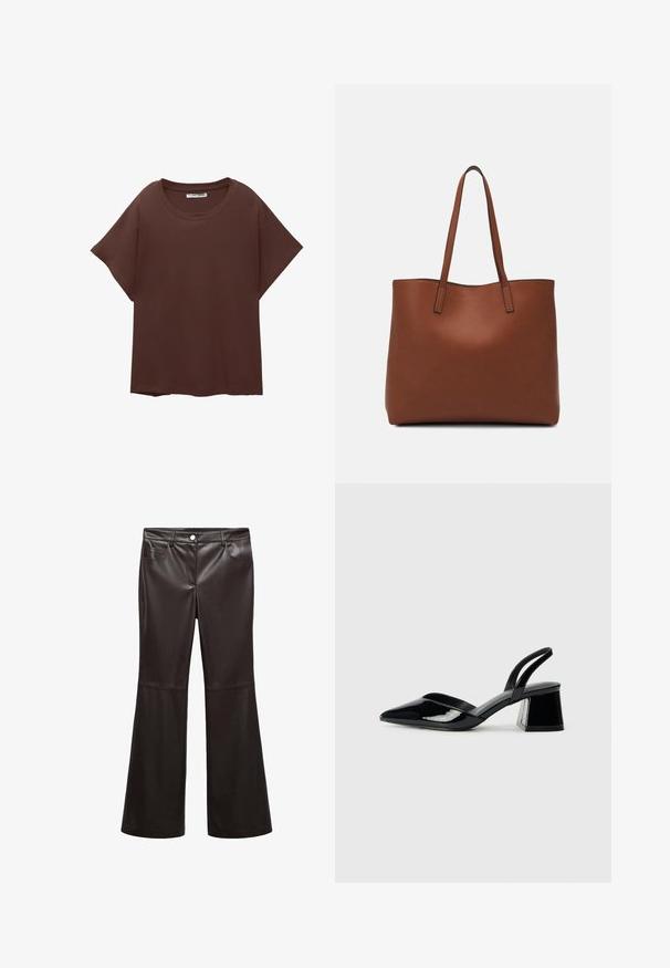 Hnedé oversized tričko vyrobené z bavlny, s okrúhlym výstrihom, krátkymi rukávmi a voľným strihom. Hladká textúra bez viditeľných vzorov.; Čierne rozšírené nohavice vyrobené z hladkej faux kože, s prednými vreckami, zipsom a strieborným gombíkom. Dôraz na špeciálne švy.; Čierne lakované kožené sandálové podpätky s špicatou špičkou a geometrickým blokovým podpätkom. Disponujú elegantným, minimalistickým dizajnom a hladkým povrchom.; Hnedá kožená taška na rameno s hladkou textúrou, otvoreným vrchom a dvoma ramenými popruhmi. Má minimálne šitia a žiadne viditeľné kovania.