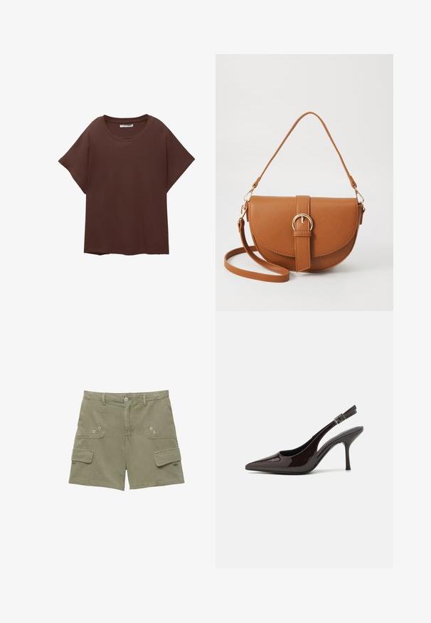 Brązowa, oversize'owa koszulka z bawełny, z okrągłym dekoltem, krótkimi rękawami i luźnym krojem. Gładka tekstura bez widocznych wzorów.; Spodenki cargo w oliwkowej bawełnie z dwoma kieszeniami z przodu, jedną kieszenią boczną i metalowym zapięciem. Gładka tekstura i dopasowany krój.; Sandały na obcasie typu slingback z błyszczącej ciemno-brązowej lakierowanej skóry, w szpic, z otwartymi bokami i regulowanym paskiem wokół kostki.; Brązowa skórzana torba na ramię o zaokrąglonym kształcie, ze złotymi akcentami i zapięciem w formie klamry. Posiada odpinany pasek na ramię.