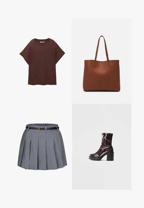 Smeđa oversized majica od pamuka, s okruglim izrezom, kratkim rukavima i opuštenim krojem. Glatka tekstura bez vidljivih uzoraka.; Siva plisirana suknja s naboranim strukom i crnim remenom s zlatnom kopčom. Mekani materijal s glatkom teksturom.; Sjajna burgundska čizma do gležnja s debelim crnim potplatom, koja se odlikuje glatkom teksturom i jednostavnim dizajnom. Nema vidljivih kopčanja ili uzoraka.; Smeđa kožna torba preko ramena s glatkom teksturom, otvorenim vrhom i dvjema naramenicama. Ima minimalne šavove i nema vidljivog hardvera.