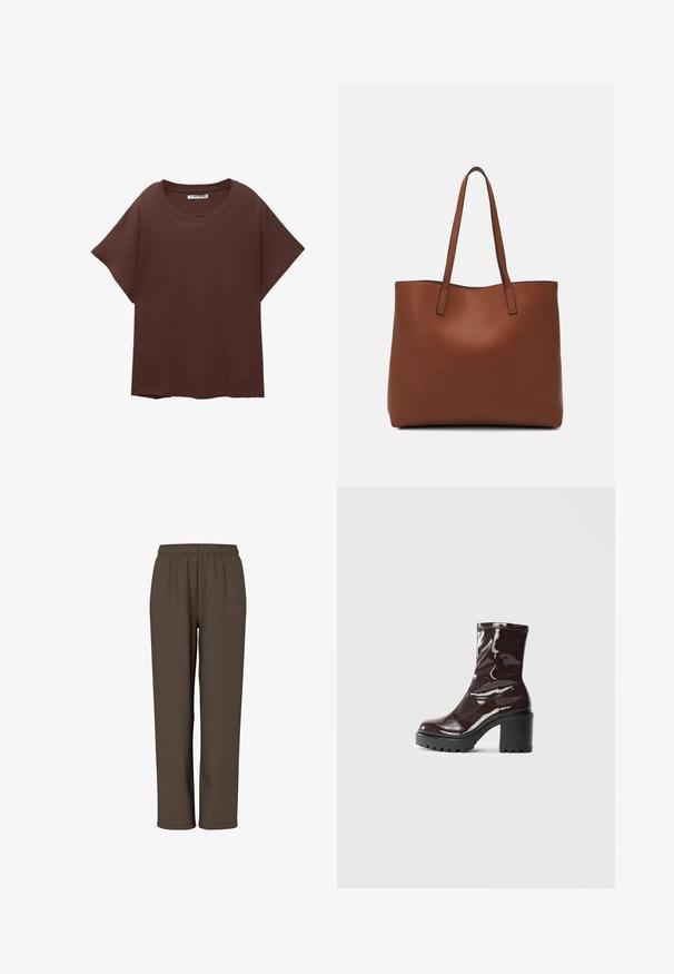 Brun oversized t-shirt lavet af bomuld, med rund hals, korte ærmer og en afslappet pasform. Glat tekstur uden synlige mønstre.; Brune, elastiske bukser med blød stof, der har design med lige ben og uden synlige lommer eller detaljer.; Glatte burgunder ankelstøvler med en chunky sort hæl, der har en glat tekstur og et simpelt design. Ingen synlige lukninger eller mønstre.; Brun læder tote taske med en glat overflade, åben topdesign og to skulderremme. Har minimal syning og ingen synlig hardware.