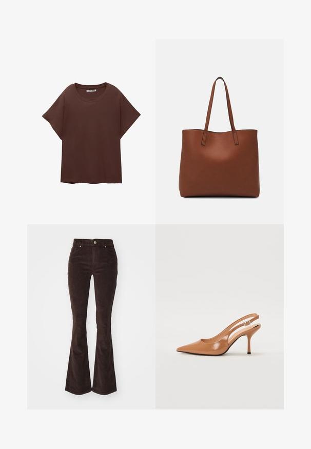 Bruine oversized t-shirt van katoen, met een ronde hals, korte mouwen en een ontspannen pasvorm. Gladde textuur zonder zichtbare patronen.; Vero Moda VMFLASH FLARED PANTS - Broek - chocolate torte; Puntige slingback hak in een glad, glanzend beige materiaal. Bevat een gebogen uitsnijdontwerp en een slanke stiletto hak. Zilveren gesp detail.; Bruine leren tote bag met een gladde textuur, een ontwerp met een open bovenkant en twee schouderbanden. Kenmerkt zich door minimale stiksels en geen zichtbare hardware.