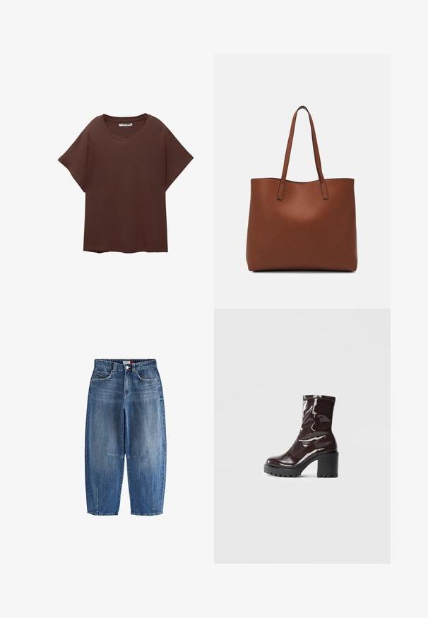 Barna, bő szabású pamut póló, kerek nyakkal, rövid ujjakkal és laza fit-tel. Simogatós, mintázat nélküli textúra.; Középkék denim farmernadrág, magas derekú, rövidített, széles lábú fazonnal, elülső zsebekkel és látható varrásokkal.; Fényes bordó bokacsizma vastag fekete sarokkal, sima felülettel és egyszerű dizájnnal. Nincsenek látható zárak vagy minták.; Barna bőr vászontáska sima textúrával, nyitott tetejű dizájnnal és két vállpánttal. Minimális varrással és látható hardver nélkül készült.
