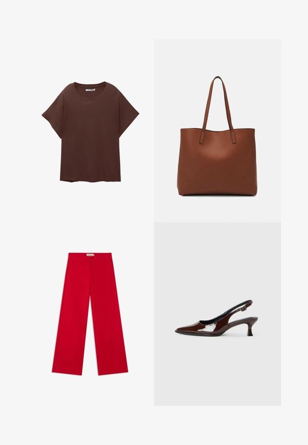 Bruine oversized t-shirt van katoen, met een ronde hals, korte mouwen en een ontspannen pasvorm. Gladde textuur zonder zichtbare patronen.; Rode wijde broek met een gladde textuur, voorzien van zijzakken en een knoopsluiting bij de tailleband. Gemaakt van lichtgewicht stof.; Bruine gepatineerde leren slingback-schoen met een spitse neus en een gematigd hakje. Voorzien van een gespsluiting voor een veilige pasvorm. Glad van textuur.; Bruine leren tote bag met een gladde textuur, een ontwerp met een open bovenkant en twee schouderbanden. Kenmerkt zich door minimale stiksels en geen zichtbare hardware.