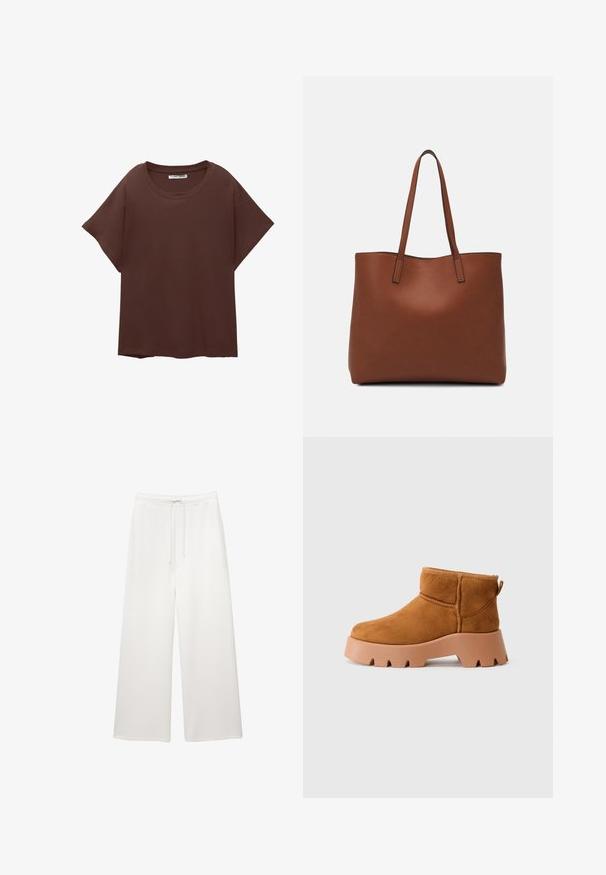 Brun oversized t-shirt i bomull, med rund hals, korta ärmar och avslappnad passform. Slät textur utan synliga mönster.; Lösa vita vida byxor med elastiskt midjeband och dragsko, designade för avslappnad användning.; Tan mocka ankelstövlar med rund tå, en texturerad brun sula och en dragflik. Har en sydd söm och en chunky plattformdesign.; Brun läder tote-väska med en slät textur, öppen toppdesign och två axelremmar. Har minimal söm och ingen synlig metalldetalj.