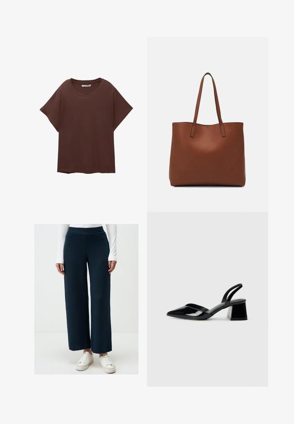 Brown oversized t-shirt made of cotton, featuring a round neck, short sleeves, and a relaxed fit. Smooth texture with no visible patterns.; Navy wide-leg pants made of ribbed fabric, featuring a high waistband and a loose fit, paired with white sneakers.; Black patent leather slingback heels with a pointed toe and a geometric block heel. Features a sleek, minimal design and smooth texture.; Brown leather tote bag with a smooth texture, open top design, and two shoulder straps. Features minimal stitching and no visible hardware.