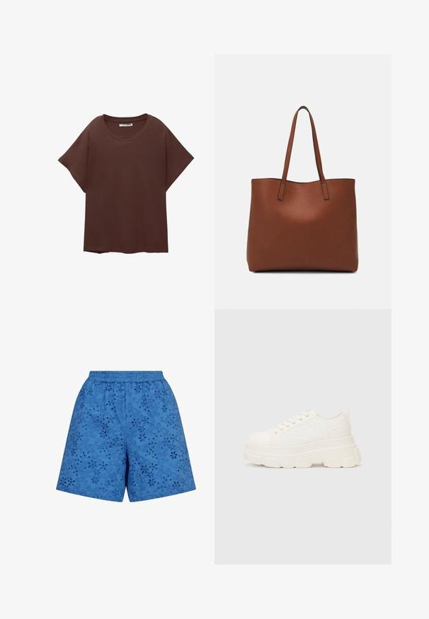 Hnedé oversized tričko vyrobené z bavlny, s okrúhlym výstrihom, krátkymi rukávmi a voľným strihom. Hladká textúra bez viditeľných vzorov.; Modré šortky s elastickým pásom, ktoré majú textúrovanú kvetinovú vyšívku a výrezové vzory po celej látke.; Biele plátené tenisky s hrubou podrážkou, zaoblenou špičkou a piatimi očkami na šnúrky. Zadný popruh pre jednoduché obúvanie. Hladká textúra, minimalistický dizajn.; Hnedá kožená taška na rameno s hladkou textúrou, otvoreným vrchom a dvoma ramenými popruhmi. Má minimálne šitia a žiadne viditeľné kovania.