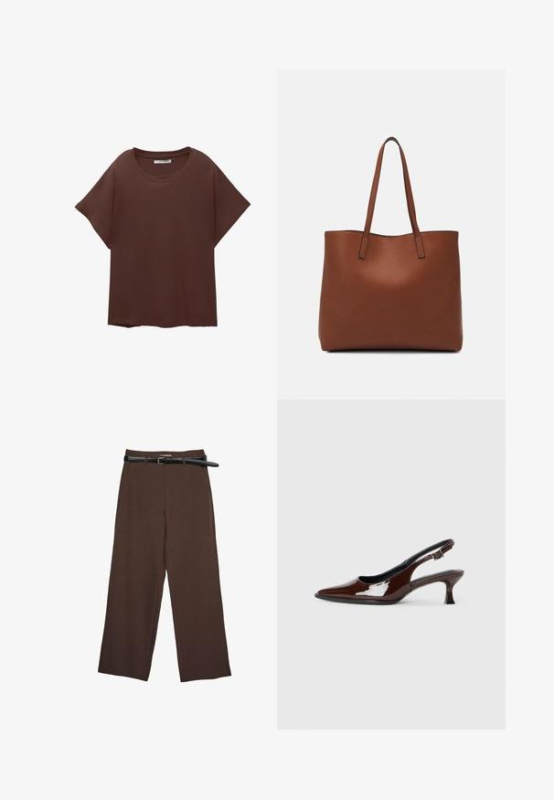 Bruine oversized t-shirt van katoen, met een ronde hals, korte mouwen en een ontspannen pasvorm. Gladde textuur zonder zichtbare patronen.; Bruine wijde broek met een gladde textuur, voorzien van een zwarte riem en een op maat gemaakte tailleband, wat zorgt voor een gestructureerde pasvorm.; Bruine gepatineerde leren slingback-schoen met een spitse neus en een gematigd hakje. Voorzien van een gespsluiting voor een veilige pasvorm. Glad van textuur.; Bruine leren tote bag met een gladde textuur, een ontwerp met een open bovenkant en twee schouderbanden. Kenmerkt zich door minimale stiksels en geen zichtbare hardware.