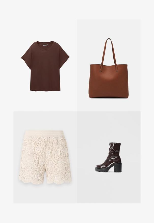 Braunes Oversize-T-Shirt aus Baumwolle, mit Rundhalsausschnitt, kurzen Ärmeln und einer lockeren Passform. Glatte Textur ohne sichtbare Muster.; Spitzen-Shorts in Elfenbein mit floralem Muster, gewelltem Saum und elastischem Bund, die auf dem gesamten Stoff mit aufwändigen Details versehen sind.; Glatte bordeauxrote Ankle Boots mit einem klobigen schwarzen Absatz, die eine glatte Oberfläche und ein einfaches Design aufweisen. Keine sichtbaren Verschlüsse oder Muster.; Braune Leder-Tote mit glatter Textur, offenem Oberteil und zwei Schulterriemen. Verfügt über minimale Nähte und keine sichtbaren Beschläge.