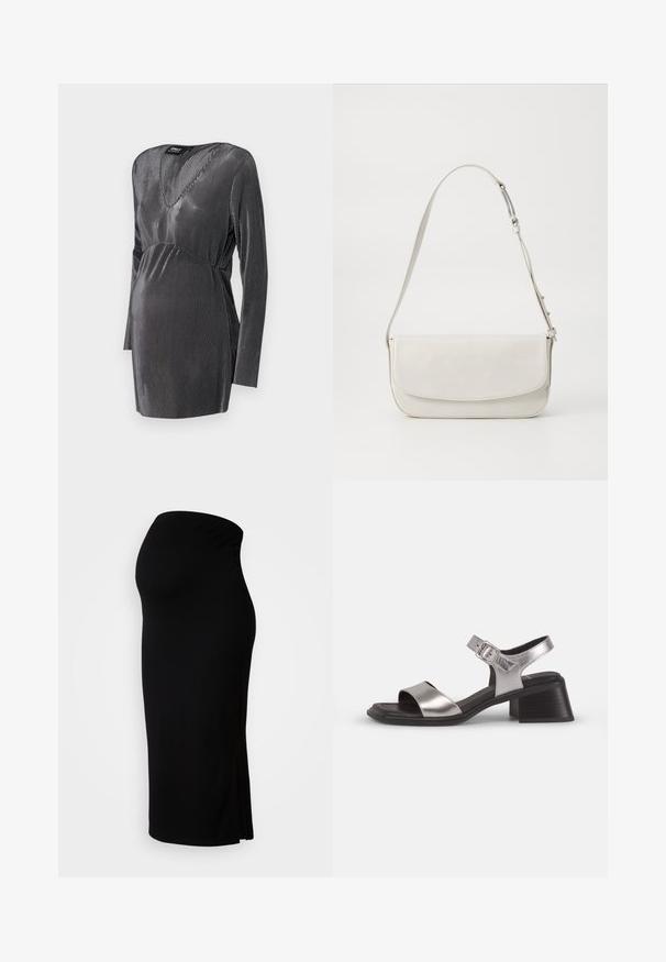 Těhotenské šaty černé a stříbrné pruhované, s V výstřihem, dlouhými rukávy a empírovým pasem, navržené pro pohodlí a styl během těhotenství.; MAMALICIOUS MLLIF MIDI SKIRT - Pouzdrová sukně - black; Stříbrné kožené sandály s otevřenou špičkou, s širokým předním páskem, páskem kolem kotníku se sponou a středním blokovým podpatkem.; Bílá kožená kabelka přes rameno s hladkým povrchem, obdélníkovým tvarem, klopovým zapínáním a nastavitelným popruhem. Jednoduché švy.