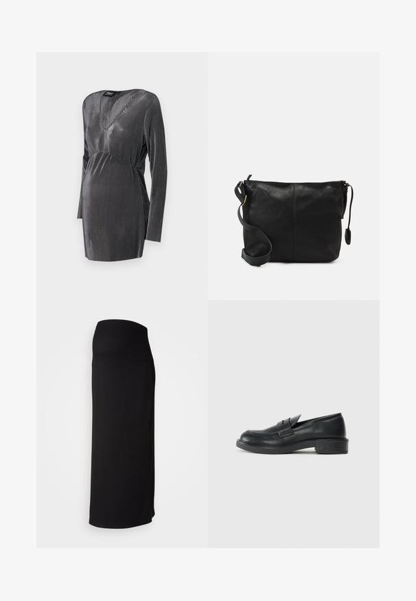 Melnā un sudrabotā svītraina grūtnieču kleita ar V veida kakla izgriezumu, garām piedurknēm un impērijas jostas līniju, kas izstrādāta, lai nodrošinātu komfortu un stilu grūtniecības laikā.; Melna griezta maxi svārku ar augstu jostasvietu, kas izceļ taisnu siluetu un sānu šķēlumu. Izgatavota no mīksta, elastīga materiāla.; Melni ādas mokasīni ar noapaļotu purngu, šuvju detalizāciju un nelielu papēdi. Gluda tekstūra un elastīga gumijas zole.; Melnas ādas plecu soma ar platu formu, ar zelta aksesuāriem un regulējamu siksnu. Gluda tekstūra ar minimāliem šuvju detaļām.