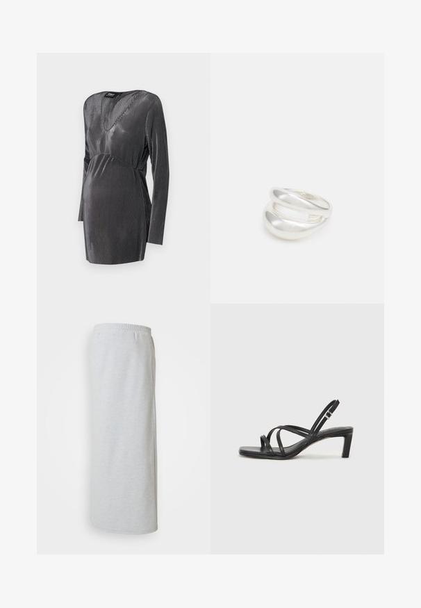 Robe de maternité rayée noire et argent avec un décolleté en V, des manches longues et une taille empire, conçue pour le confort et le style pendant la grossesse.; Jupe de survêtement gris clair en mélange de coton doux, dotée d'une taille élastique, de poches latérales et d'une silhouette droite longue.; Sandale noire à lanières avec un bout carré et un petit talon bloc. Elle présente plusieurs fines lanières et une sangle de cheville ajustable. Fabriquée en cuir lisse.; Bague en argent à double bande avec une surface lisse et polie. Présente un design fluide et courbé avec des sections qui se chevauchent pour un look moderne.