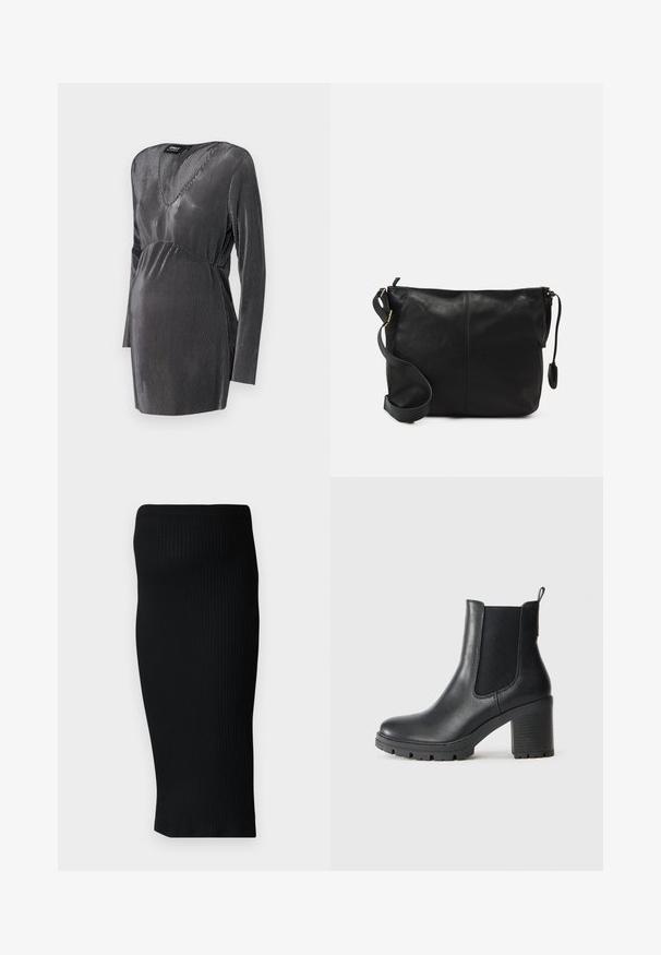 Fekete és ezüst csíkos kismama ruha V nyakkivágással, hosszú ujjal és emelkedett derékvonallal, a kényelem és a stílus érdekében a terhesség alatt.; Fekete bordázott kötött midi szoknya, karcsú fazonnal és széles derékpánttal. Simább textúra, látható minták vagy kiegészítők nélkül.; Fekete bőr bokacsizma, elasztikus oldalsó panelekkel, masszív gumitalppal és magas tömbsarkú kivitelben. Hátul húzófüllel rendelkezik.; Fekete bőr keresztpántos táska lapos formával, arany fémrészekkel és állítható pánttal. Simább textúra minimális varrási részletekkel.