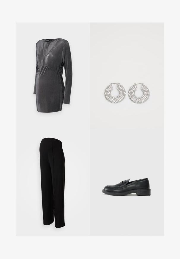Mustavalkoraitaline raseduskleit V-kaelusega, pikkade varrukatega ja kõrgendatud taljejoonega, loodud mugavuse ja stiili jaoks raseduse ajal.; Mustad, kõrge vöökoht, sirge lõikega mustad püksid, millel on sile tekstuur ja nähtamatud kinnitused, rõhutatud külgõmbluste detailidega.; Mustad nahast loafers ümarate varvastega, tikkimiste detailidega ja väikese kandiga. Sile pind ja paindlik kummist tald.; Hõbedased rõngaskõrvarõngad, millel on mitmeid selgeid kristallitoot.