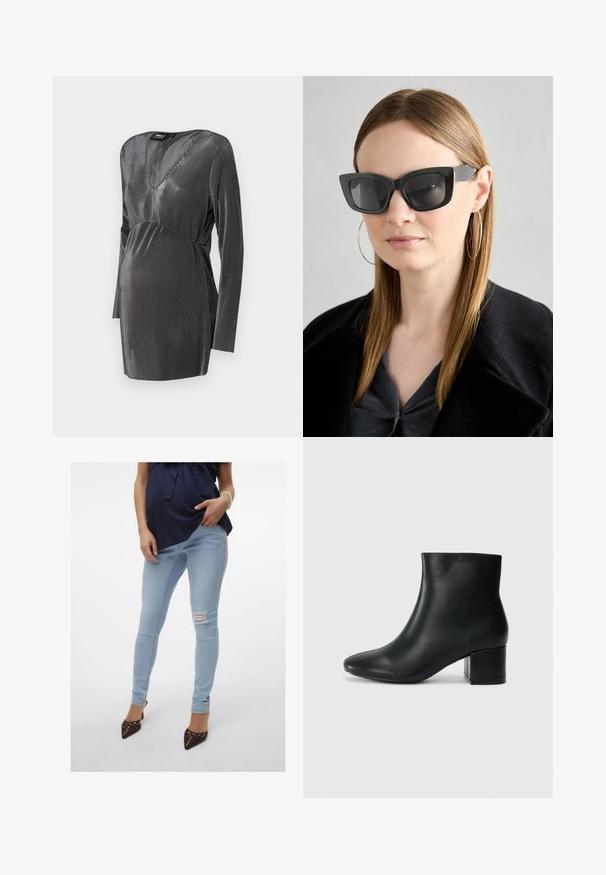 Crna i srebrna prugasta haljina za majke s V-izrezom, dugim rukavima i empajer strukom, dizajnirana za udobnost i stil tijekom trudnoće.; Svijetloplave tajice s izrezima na koljenima, elastična tkanina, srednji struk i dužina do gležnja; u paru s smeškim cipelama s oštrim vrhom.; Crne kožne čizme do članaka s uskim vrhom i debelim potplatom. Glatka tekstura s minimalnim detaljima i elegantan, prilagođen dizajn.; Crne mačje naočale s tamnim staklima, debelim okvirima i suptilnim detaljima. Nosit će se s crnim kaputom i sivoj majici, s dugom ravnom kosom.
