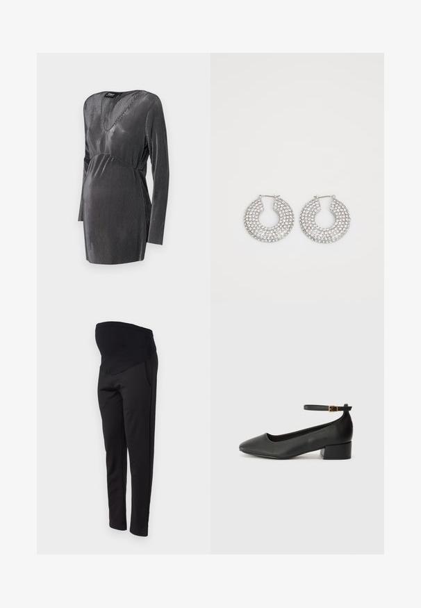 Fekete és ezüst csíkos kismama ruha V nyakkivágással, hosszú ujjal és emelkedett derékvonallal, a kényelem és a stílus érdekében a terhesség alatt.; ONLY MATERNITY OLMGISELEA - Nadrágok - black; Fekete bőr magassarkú cipő hegyes orral és alacsony tömb sarkal. Bokapánttal rendelkezik, aranyszínű csattal. Simább textúra.; Ezüst karika fülbevalók, amelyeket több átlátszó kristály díszít, texturált felülettel és nyitott, kör alakú kialakítással.
