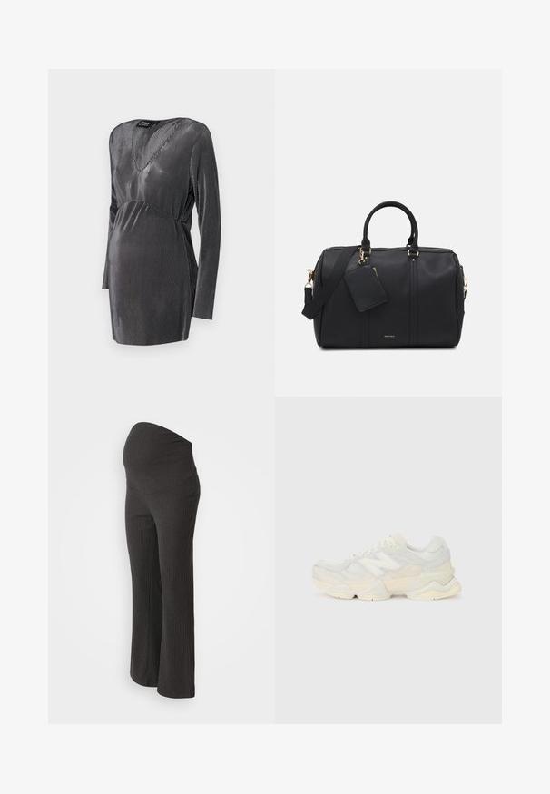 Zwart en zilver gestreepte zwangerschapsjurk met een V-hals, lange mouwen en een empire taille, ontworpen voor comfort en stijl tijdens de zwangerschap.; Even&Odd Maternity Broek - mottled dark grey; Lichte sneaker met een bovenwerk van mesh en suede in zachte crèmekleuren, met een chunky zool en driedimensionale accenten.; Zwarte faux leren sporttas met gouden hardware, dubbele bovenhandvatten, verstelbare schouderriem en een verwijderbaar labelvak.