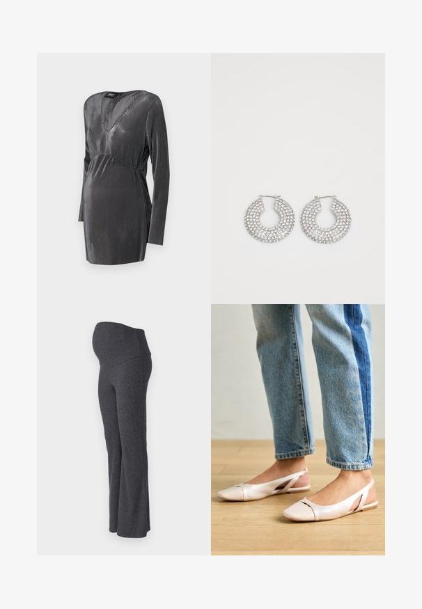 Svart og sølvstripet graviditetskjole med V-hals, lange ermer og empireliv, designet for komfort og stil under graviditeten.; ONLY MATERNITY OLMHALLE - Bukse - dark grey; Lys rosa slingback leiligheter med spiss tå, laget av et glatt, læraktig materiale. Har utskjæringer på sidene og lav hæl.; Sølv hoop øredobber prydet med flere klare krystallpynt, med en teksturert overflate og et åpent sirkulært design.