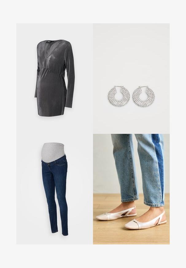 Crna i srebrna prugasta haljina za majke s V-izrezom, dugim rukavima i empajer strukom, dizajnirana za udobnost i stil tijekom trudnoće.; Trudničke traperice u tamnoplavom denimu s sivim rastezljivim pojasom. Uski kroj s klasičnim pet džepova i petljama za remen.; Svijetlo ružičaste slingback balerinke s šiljastim vrhom, izrađene od glatkog materijala nalik koži. Sadrže izrezane detalje sa strane i ravnu petu.; Srebrne kružne naušnice ukrašene brojnim čistim kristalnim detaljima, s teksturiranom površinom i otvorenim kružnim dizajnom.