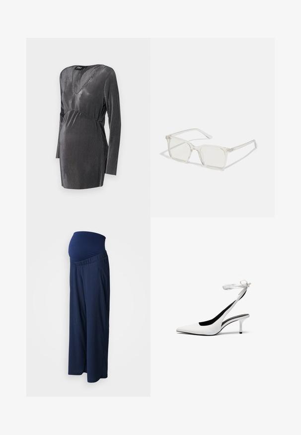 Zwart en zilver gestreepte zwangerschapsjurk met een V-hals, lange mouwen en een empire taille, ontworpen voor comfort en stijl tijdens de zwangerschap.; Donkerblauwe zwangerschapsbroek met een rekbare, gestructureerde tailleband. De pijpen zijn wijd en vloeiend, ontworpen voor comfort tijdens de zwangerschap.; Witte pointed-toe slingback hakken met een dunne enkelband. Gladde leren materiaal, dunne stilettohak en een zwarte binnenvoering.; Heldere plastic vierkante monturen met doorzichtige glazen, gekenmerkt door gouden accenten op de slapen voor extra detail.