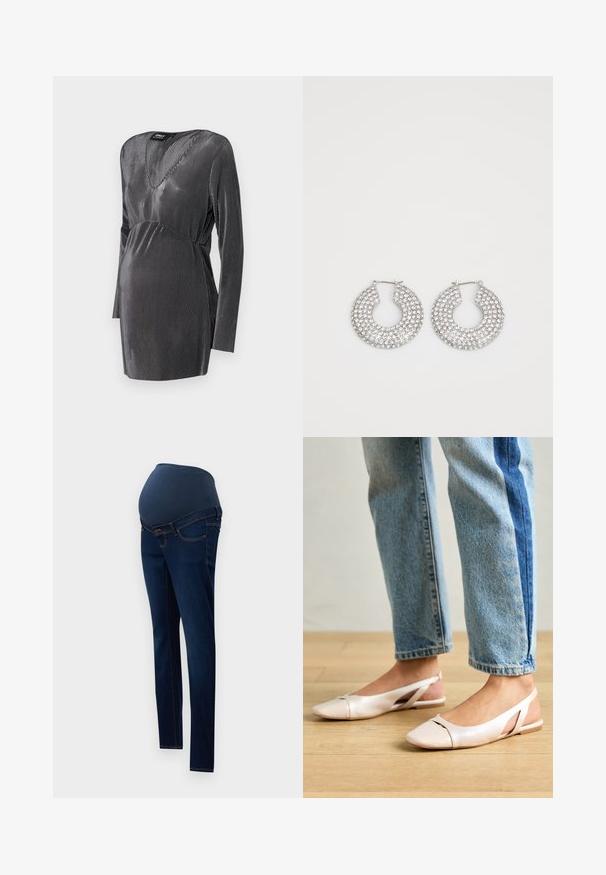 Crna i srebrna prugasta haljina za majke s V-izrezom, dugim rukavima i empajer strukom, dizajnirana za udobnost i stil tijekom trudnoće.; Trudnički traperice s tamnoplavim rastezljivim panelom i tamnim traperom, s uskim krojem i klasičnim dizajnom džepova.; Svijetlo ružičaste slingback balerinke s šiljastim vrhom, izrađene od glatkog materijala nalik koži. Sadrže izrezane detalje sa strane i ravnu petu.; Srebrne kružne naušnice ukrašene brojnim čistim kristalnim detaljima, s teksturiranom površinom i otvorenim kružnim dizajnom.