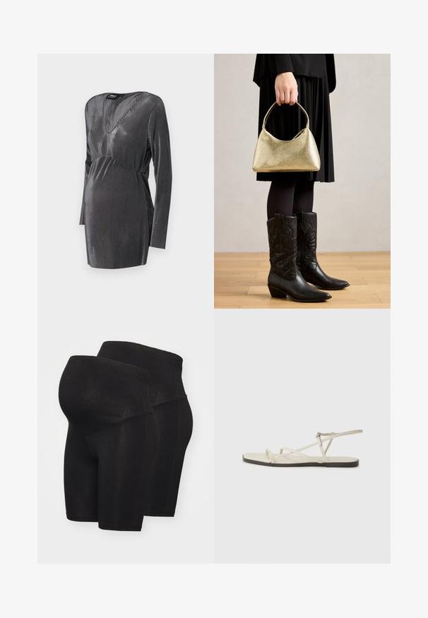 Zwart en zilver gestreepte zwangerschapsjurk met een V-hals, lange mouwen en een empire taille, ontworpen voor comfort en stijl tijdens de zwangerschap.; Zwarte zwangerschapsshorts van rekbare stof, met een elastische tailleband en een gladde textuur, ontworpen voor comfort en ondersteuning.; Beige platte sandaal met meerdere slanke bandjes en een verstelbare gesp. De zool is plat met een lichte donkere contrastering aan de rand.; Gouden handtas met een gebogen vorm en korte handgreep, vastgehouden door een persoon die een zwarte geplooide rok en zwarte leren cowboylaarzen draagt.